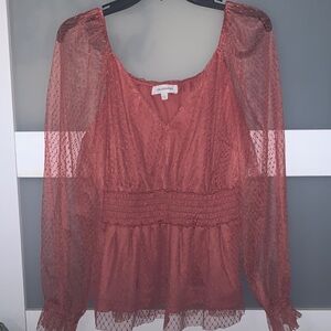 Calypso St. Barth Rust Sheer Dot Blouse with Smocked Waist